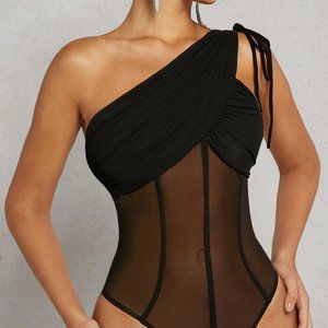 One Shoulder Drawstring Ruched Mesh Bodysuit